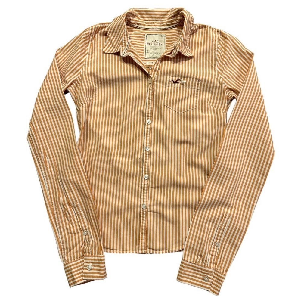 Y2K Hollister Woman's Orange & White Stripe Button Up Small Preppy Office Siren